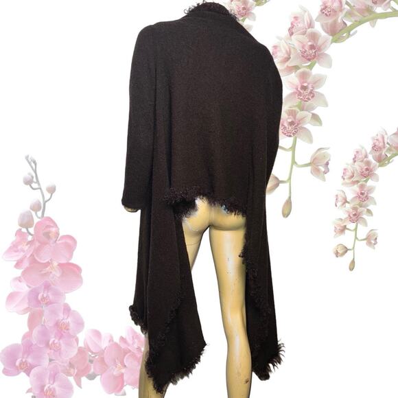 Brown Hair Like Wool Cardigan With Fuzzy Trim - Picture 3 of 8